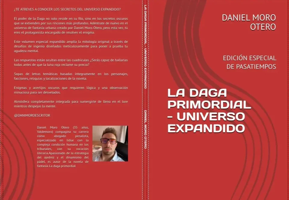 Cubierta del libro "La daga primordial - Universo expandido" de Daniel Mobo. Fondo rojo.